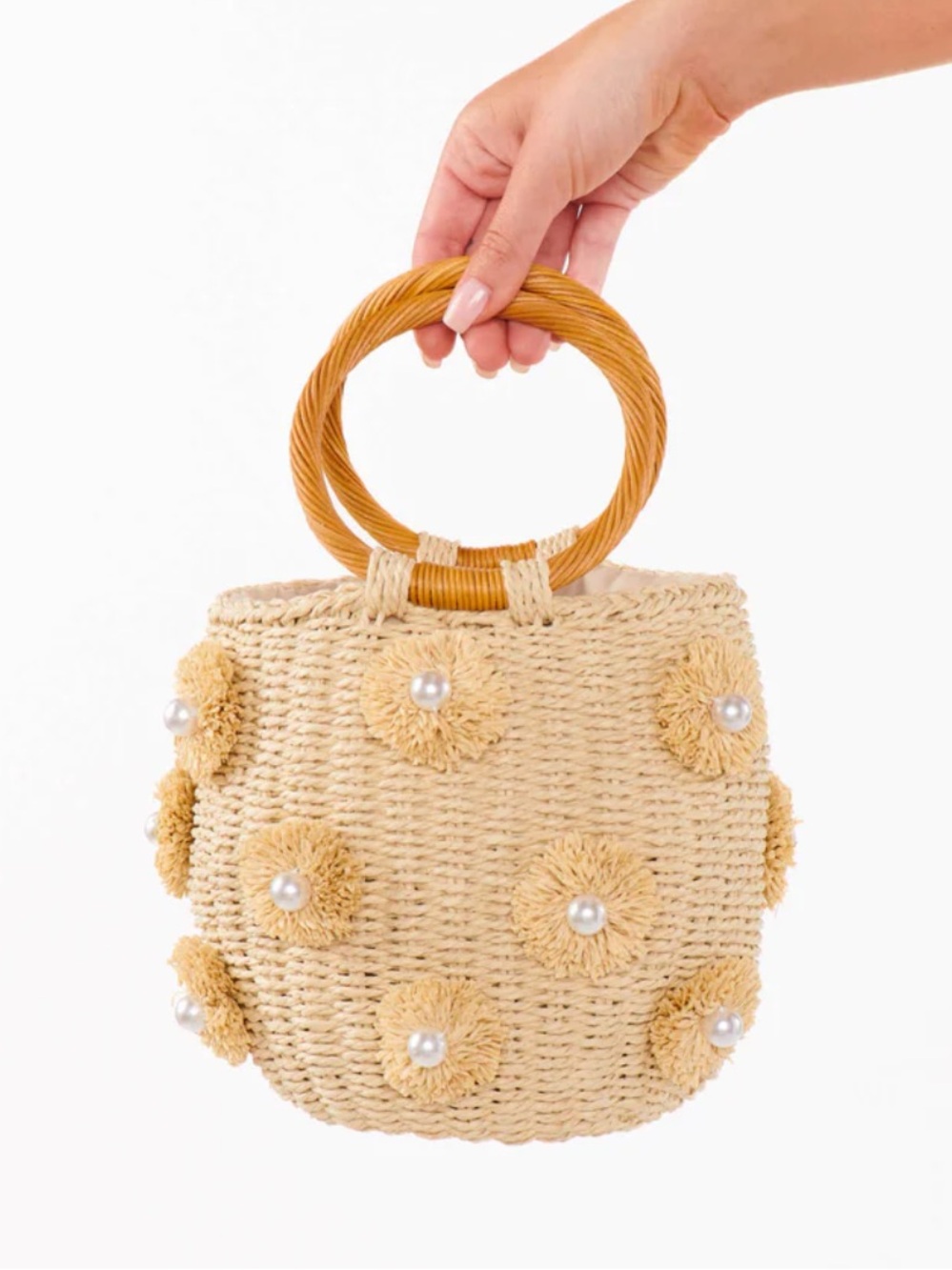 Straw Bag Pearl Flower Bucket Tote Handbag Hand Woven Rattan Purse Raffia Circle